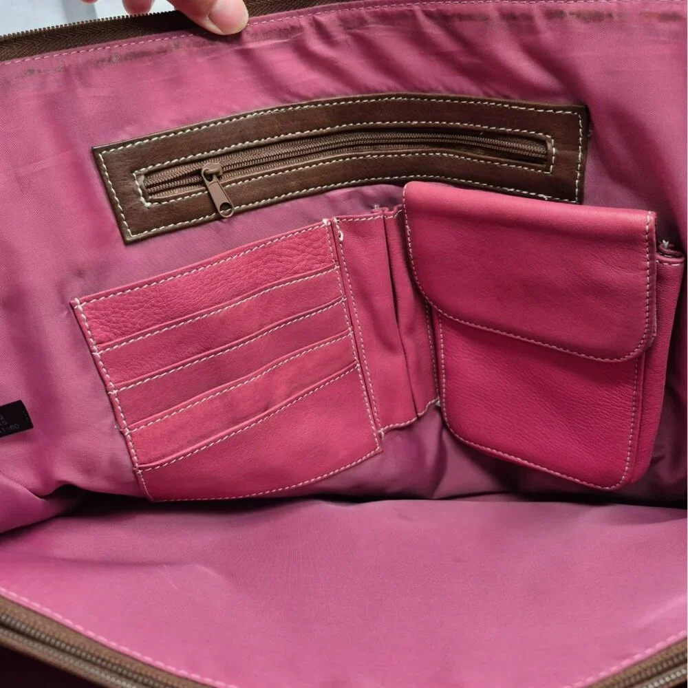 Wilsons Leather Pelke Studio Laptop Tote Bag Pink & Brown Shoulder Straps Work